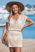 Beige Crochet V-Neck Short Sleeve Cover-Up Mini Dress